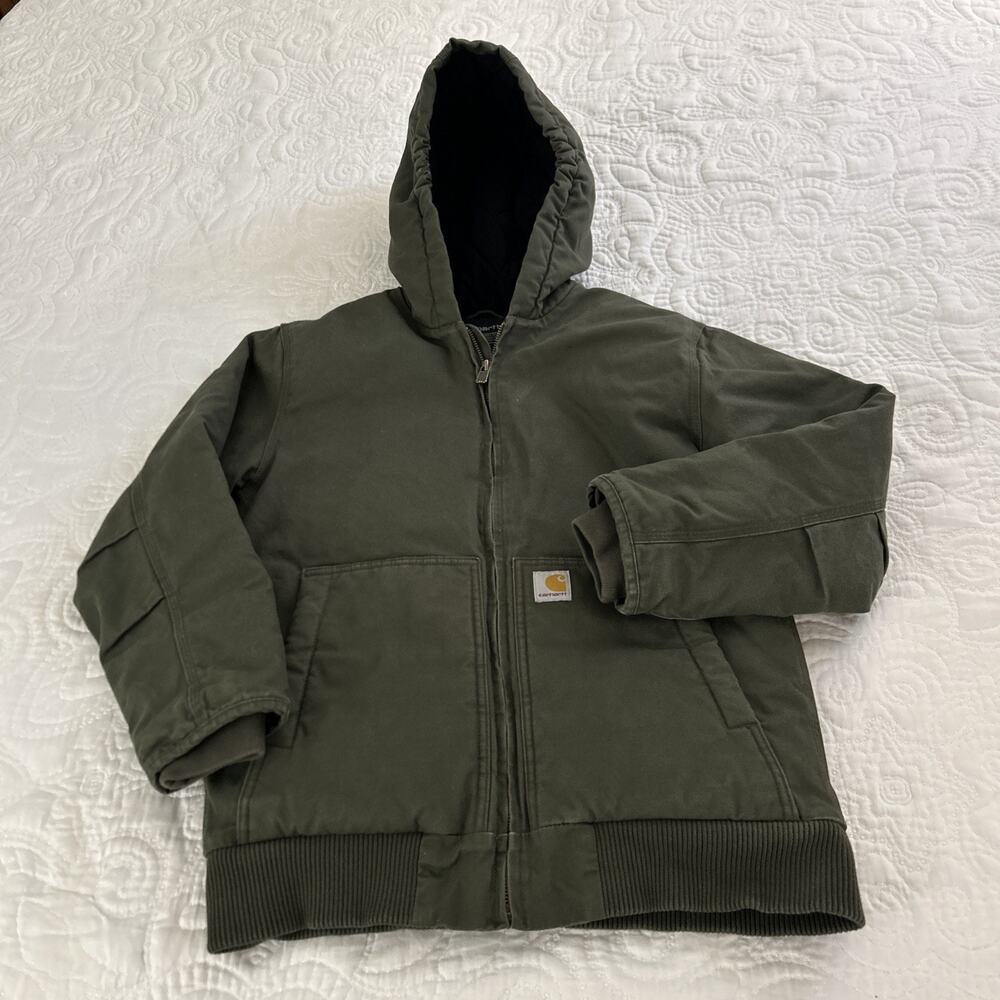 Carhartt Jacket Boys Lg 14-16 Black Quilted Fleece Lined Hooded Full Zip OJ8545B
